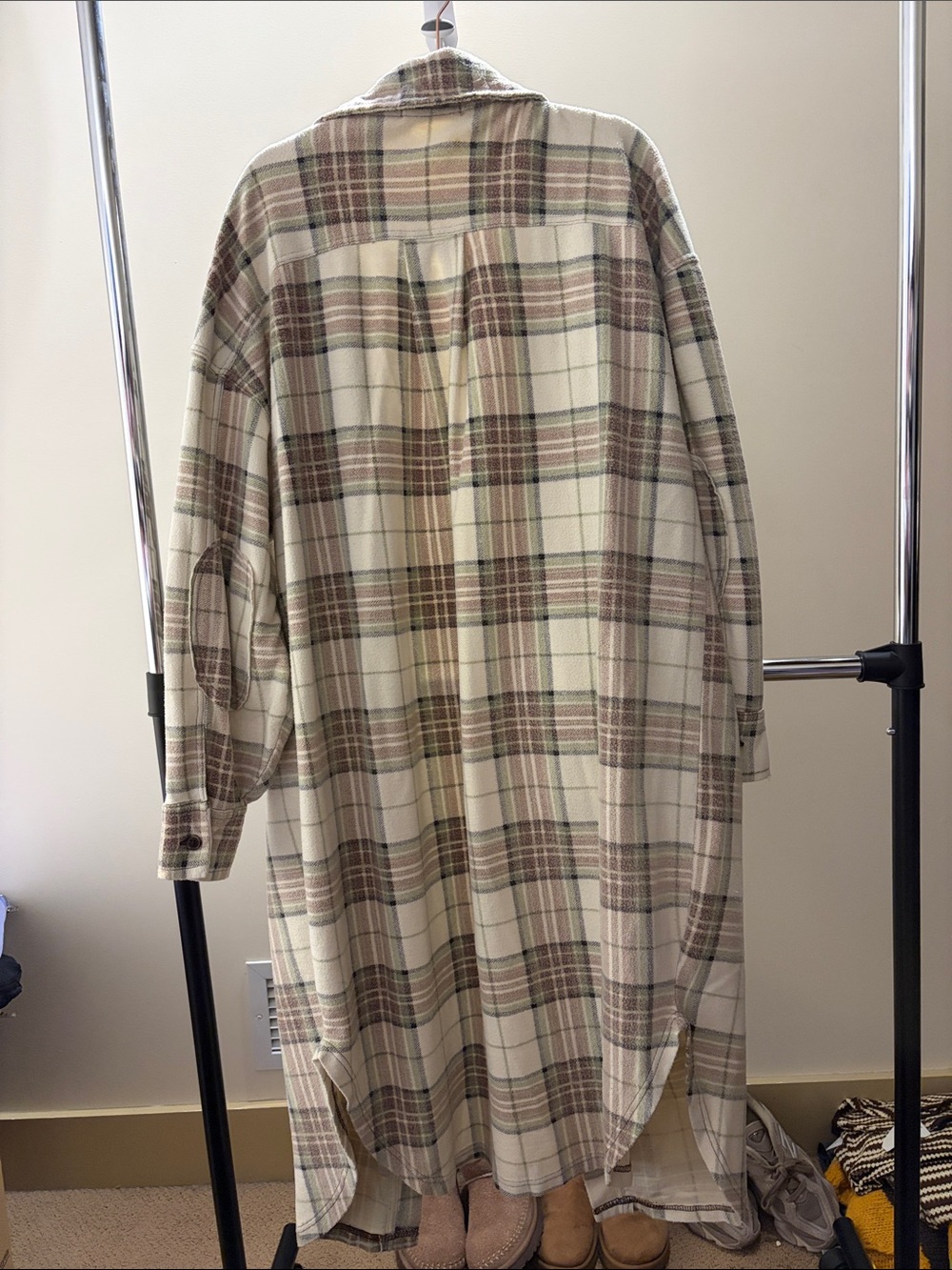 We The Free Cream & Brown Plaid Long Shacket - Picture 3 of 3